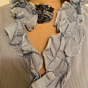 Talbots, XL, blue pinstripe blouse with ruffle collar